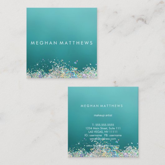 Licht Blauwgroen Zilver  Sparkles Makeut Artist Vierkante Visitekaartje (Voorkant / Achterkant)