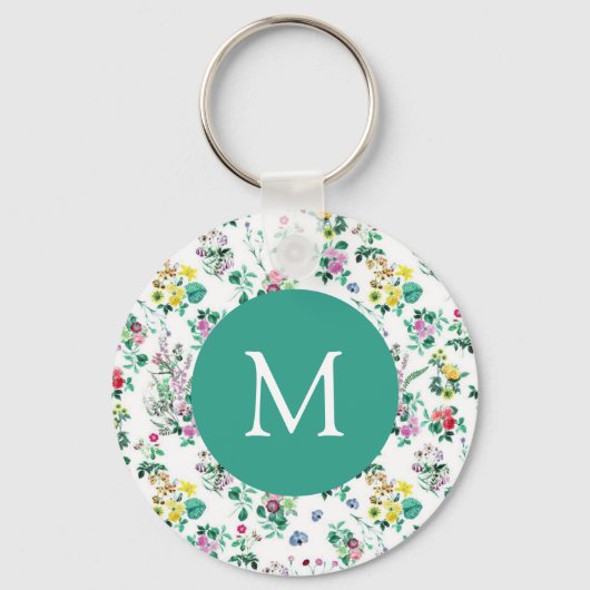 Licht Bloemmotief Teal Monogram Sleutelhanger (Voorkant)