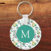 Licht Bloemmotief Teal Monogram Sleutelhanger (Voorkant)