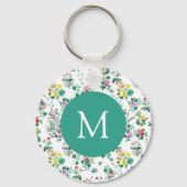 Licht Bloemmotief Teal Monogram Sleutelhanger (Achterkant)