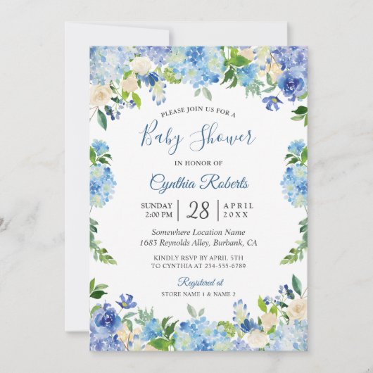 Licht Blue Hydrangea Waterverf Floral Baby shower Kaart (Voorkant)