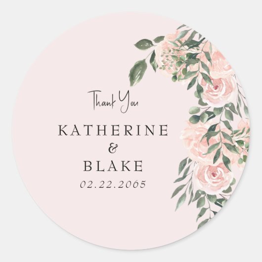Licht Blush Bloemen Bruiloft Dank u Ronde Sticker (Voorkant)