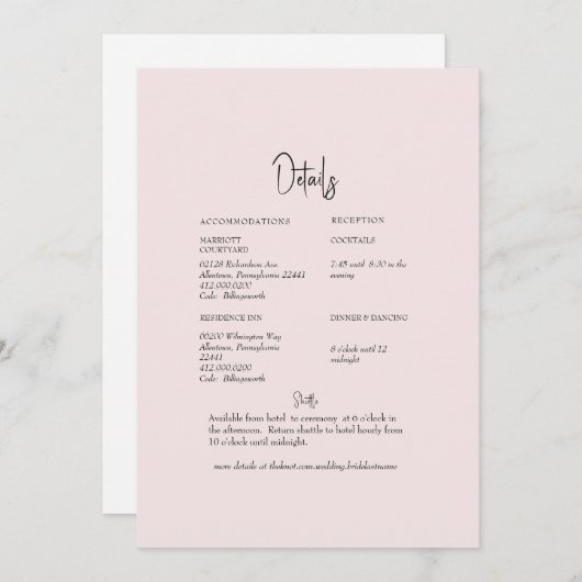 Licht Blush Bloemen Terug Bruiloft Detail Kaart (Voorkant / Achterkant)