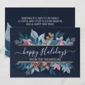 Licht blush roze Floral vult donkerblauw Feestdagenkaart (Voorkant / Achterkant)