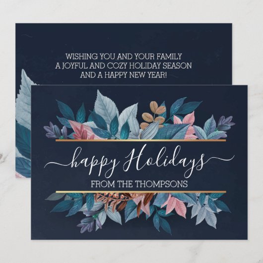 Licht blush roze Floral vult donkerblauw Feestdagenkaart (Voorkant / Achterkant)