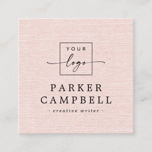 Licht blush roze linnen look add logo minimalist vierkante visitekaartje (Voorkant)