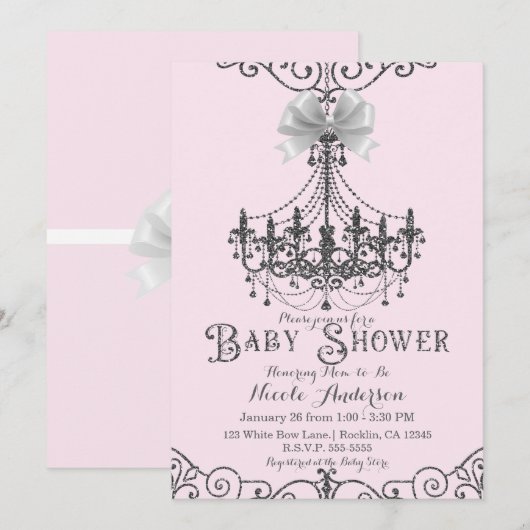 Licht Blush Roze & Zilver Wit Bow Baby shower Kaart (Voorkant / Achterkant)
