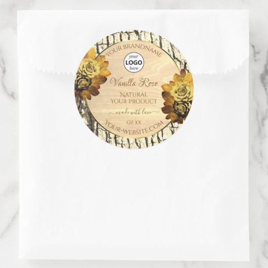 Licht bruine Rozen met houten korrels Logo Ronde Sticker (Tas)