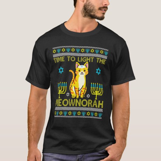 Licht de Joodse Kat Menorah Oegly Chanuk T-shirt (Voorkant)