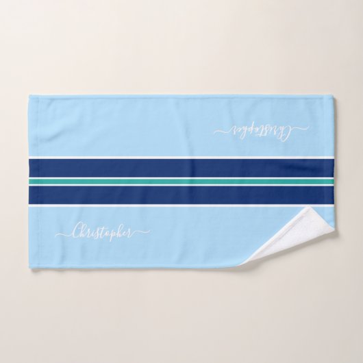 Licht Donkerblauw Wit Blauwgroen Racing Stripes Mo Bad Handdoek (Handdoek)