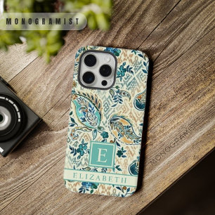 licht donkerblauw wit paisley patroon iPhone 15 pro max case