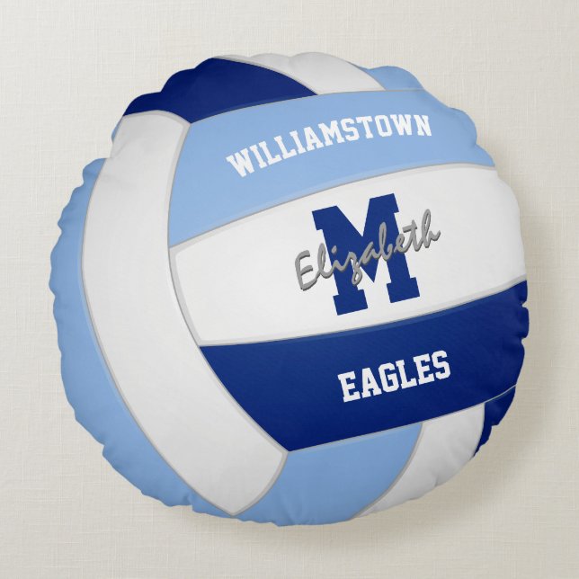 Licht donkerblauw wit team kleuren kinder volleyba rond kussen (Voorkant)