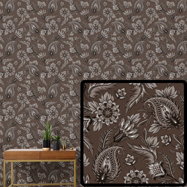 Licht Donkerbruine Chocolade Bloemige Paisley Eleg Behang (Creator heeft geüpload)