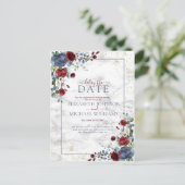 Licht Dusty Blue Burgundy Floral Vertraging Datum Aankondigingskaart (Staand voorkant)