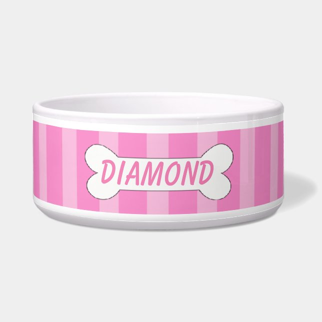 Licht- en donkerroze strepen met een beendog Bowl Voerbakje (Voorkant)