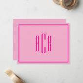 Licht en heet roze drieletterig monogram rand notitiekaartje (Voorkant / Achterkant in situ)