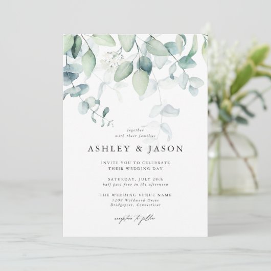 Licht en luchtig Eucalyptus groen bruiloft Kaart (Staand voorkant)