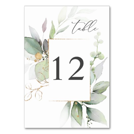 Licht Eucalyptus Gloed & Gold Table Number Kaart (Voorkant)