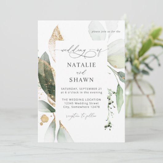 Licht Eucalyptus Glow Gold Wedding Kaart (Staand voorkant)