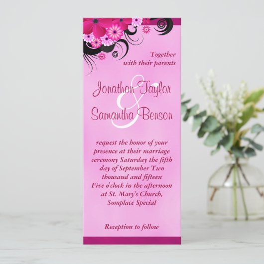 Licht Fuchsia Bloemen 4" x 9.25" Bruiloft uitnodig Kaart (Staand voorkant)
