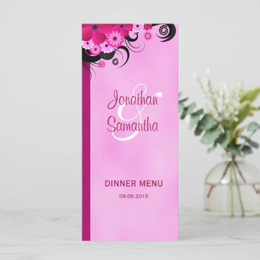 Licht Fuchsia Bloemenbruiloft Diner Menu Kaarten (Staand voorkant)