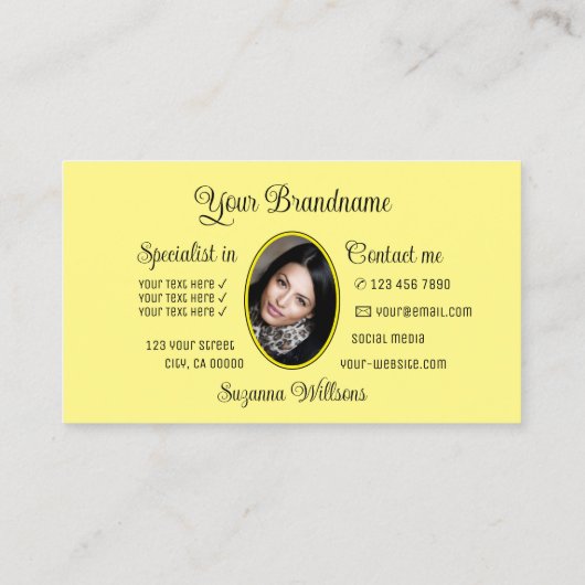 Licht geel geluid met monogram en foto visitekaartje (Achterkant)