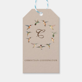 Licht geelbruin monogram kolibrie cadeaulabel