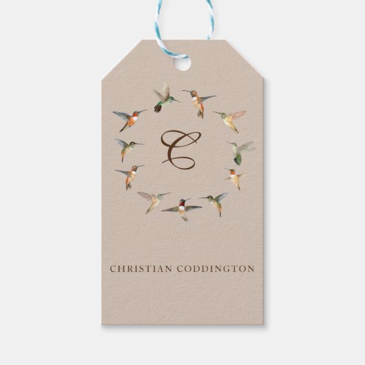 Licht geelbruin monogram kolibrie cadeaulabel (Voorkant)