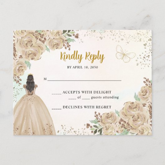 Licht Goud Koper Bloemen Prinses Quinceañera RSVP Briefkaart (Voorkant)