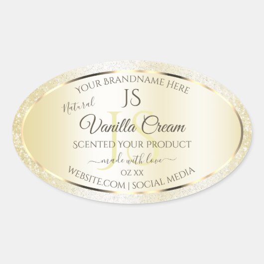 Licht goudcrème Glitter-productlabels, Initialen Ovale Sticker (Voorkant)