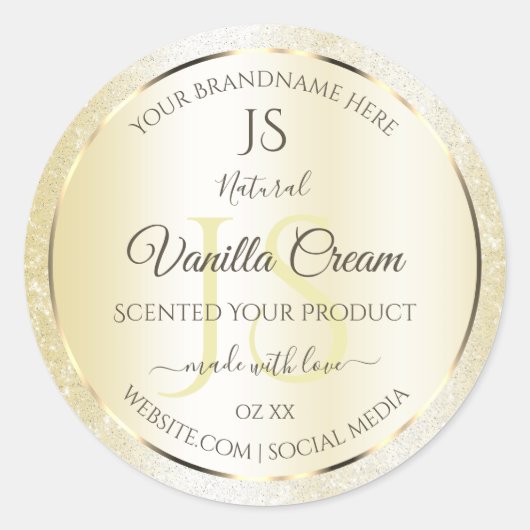 Licht goudcrème Glitter-productlabels, Initialen Ronde Sticker (Voorkant)