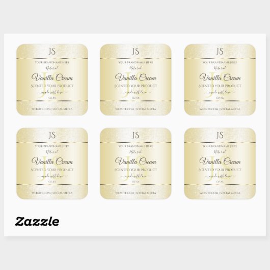Licht goudcrème Glitter-productlabels, Initialen Vierkante Sticker (Vel)