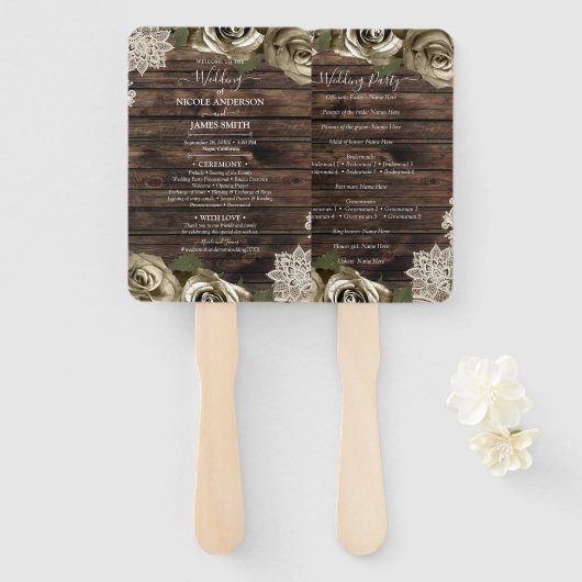Licht goudglam Rozen Rustic Wood Weddenschap Handwaaier (Voorkant en achterkant)