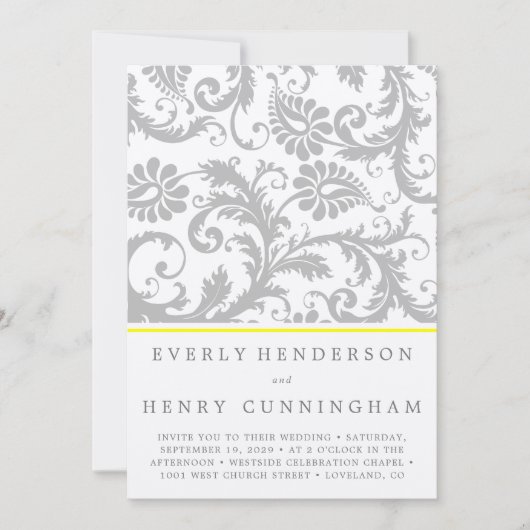 Licht grijs en Geel Damask Wedding Uitnodiging (Voorkant)
