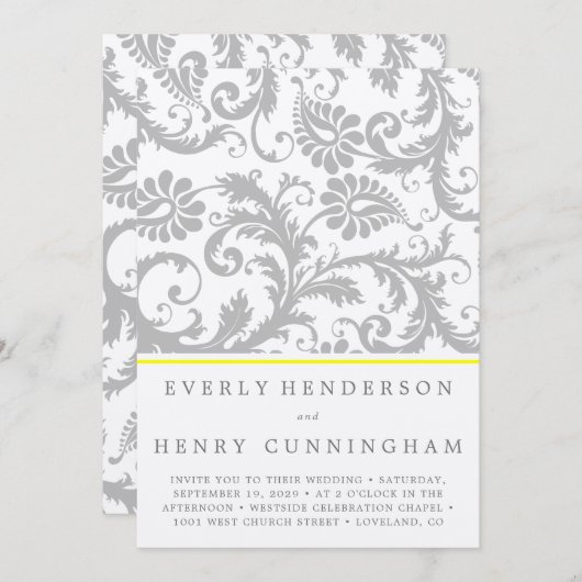 Licht grijs en Geel Damask Wedding Uitnodiging (Voorkant / Achterkant)