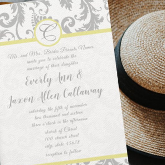 Licht grijs en geel Iris Damask Wedding Uitnodigin Kaart