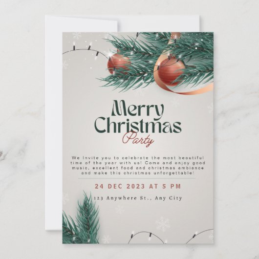 Licht Grijs & Groen Kerstmis Partij Uitnodiging (Voorkant)