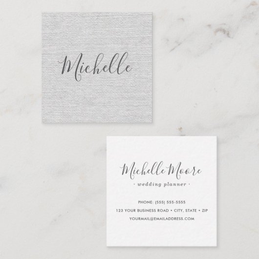 Licht grijs linnenfeministisch minimalistisch vierkante visitekaartje (Voorkant / Achterkant)