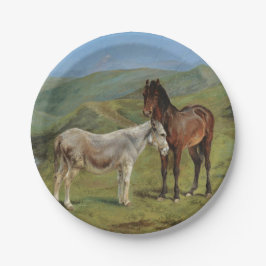 Licht grijs paard in een veld (paardachtige) papieren bordje