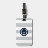 Licht grijs Stripe met Navy Laurel Wreatmonogram Bagagelabel (Voorkant verticaal)