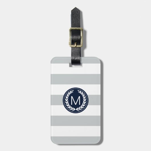 Licht grijs Stripe met Navy Laurel Wreatmonogram Bagagelabel (Voorkant verticaal)