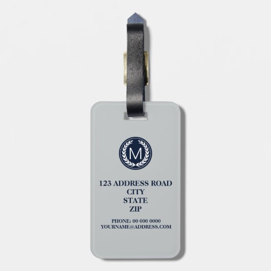 Licht grijs Stripe met Navy Laurel Wreatmonogram Bagagelabel (Achterkant verticaal)