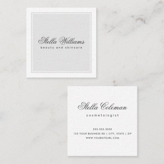 Licht grijs witte schoonheidsskincare minimalistis vierkante visitekaartje (Voorkant / Achterkant)