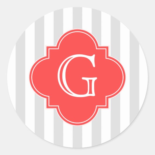Licht grijs Witte strepen Koraal Rood Monogram Eti Ronde Sticker (Voorkant)