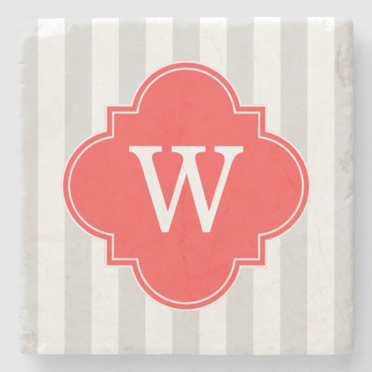 Licht grijs Witte strepen Koraal Rood Monogram Eti Stenen Onderzetter (Voorkant)