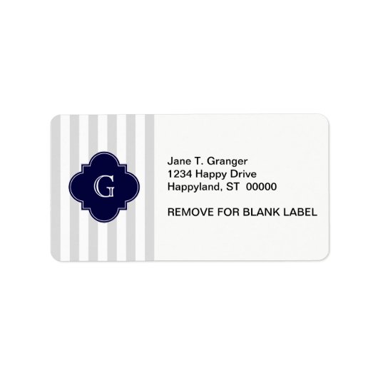 Licht grijze witte strepen, marineblauw label mono (Voorkant)
