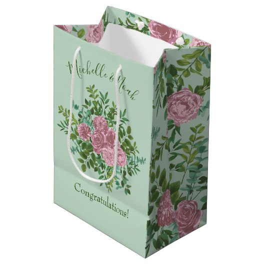 Licht groen en Bleek roze pony Roos Floral Wedding Medium Cadeauzakje (Voorkant Gekanteld)
