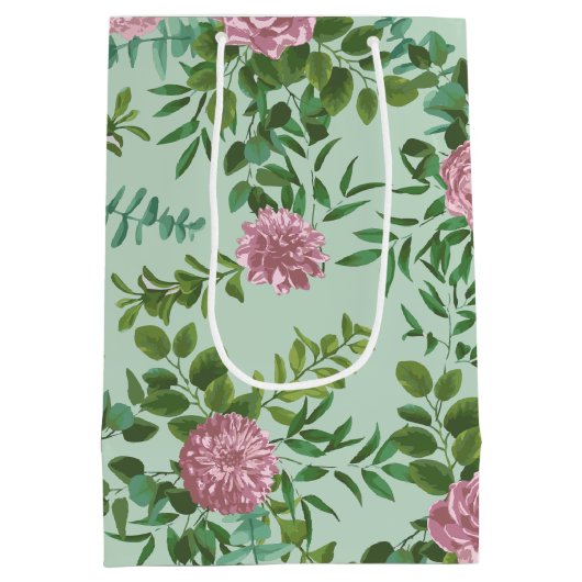 Licht groen en Bleek roze pony Roos Floral Wedding Medium Cadeauzakje (Achterkant)