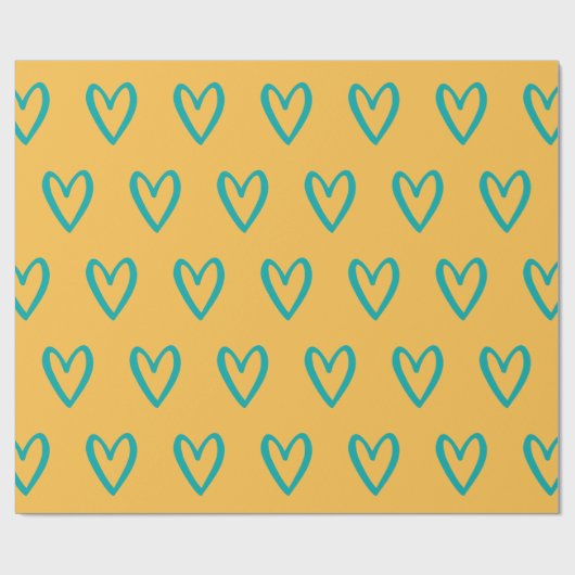 Licht groen op gele handgetekende harten cadeaupapier (Vlak)