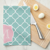 Licht groen Quatrefoil roze Monogram Theedoek (Quarter Fold)